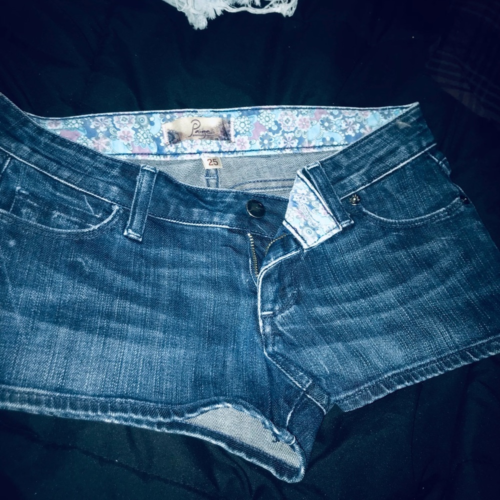 PAIGE Blue Denim Low-Rise Cutoff Shorts with Floral Waistband